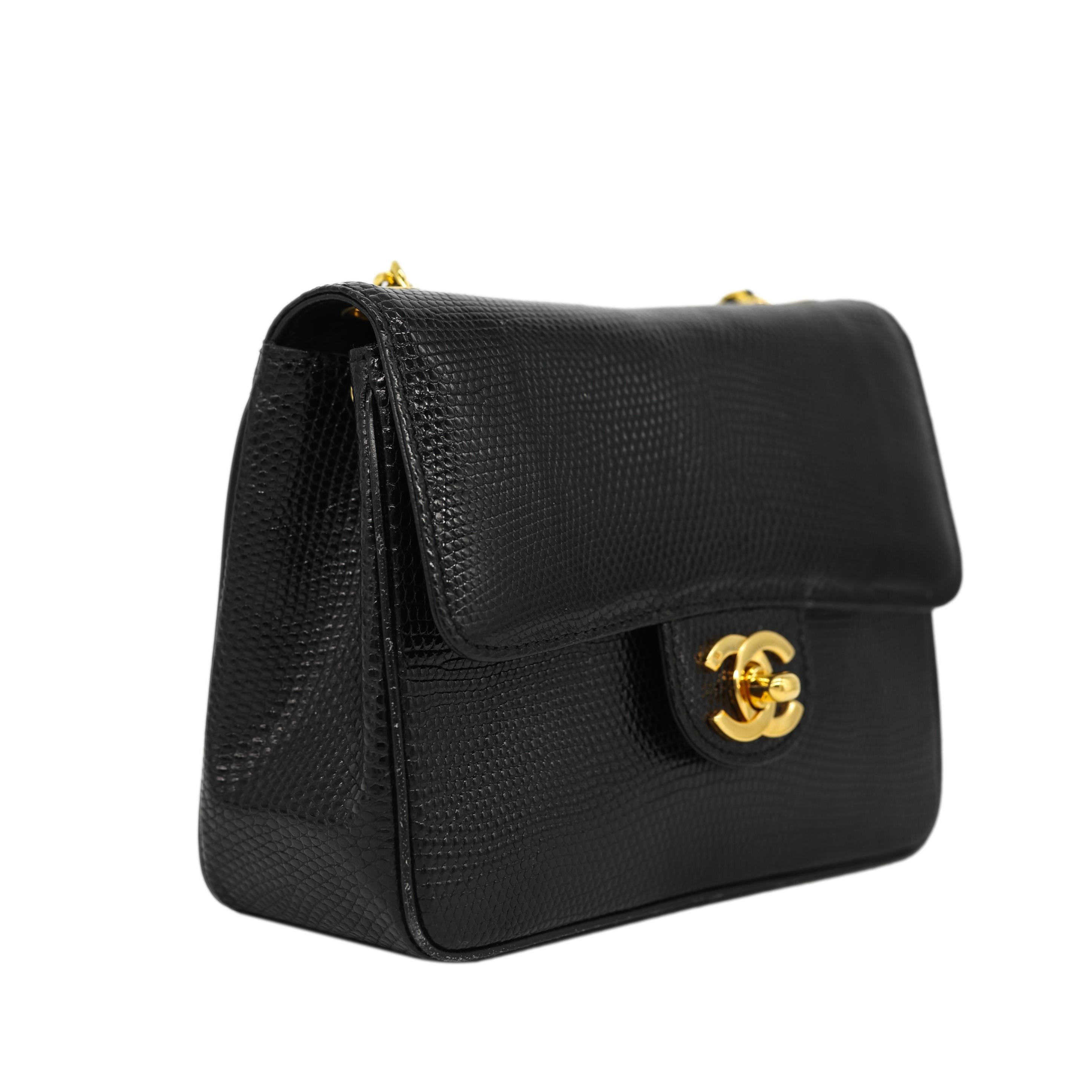 Chanel Vintage Mini Black Lizard Envelope Cross Body Flap Bag with Gold Hardware In Good Condition In Banner Elk, NC