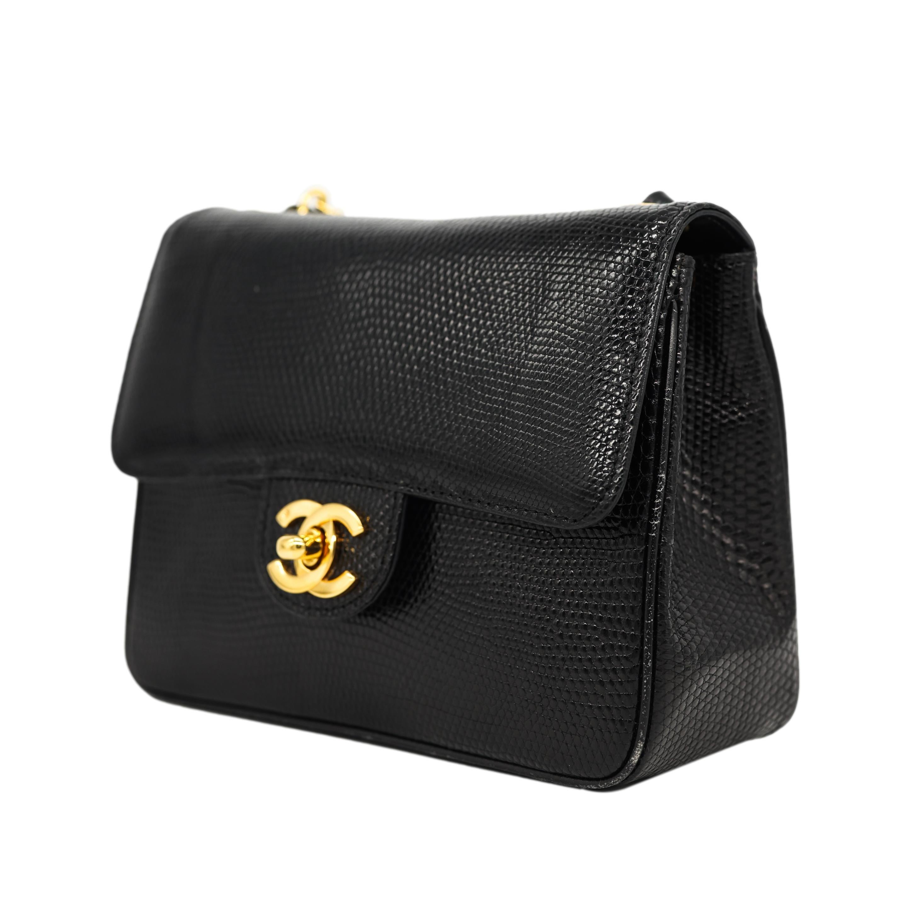 Women's or Men's Chanel Vintage Mini Black Lizard Envelope Cross Body Flap Bag with Gold Hardware