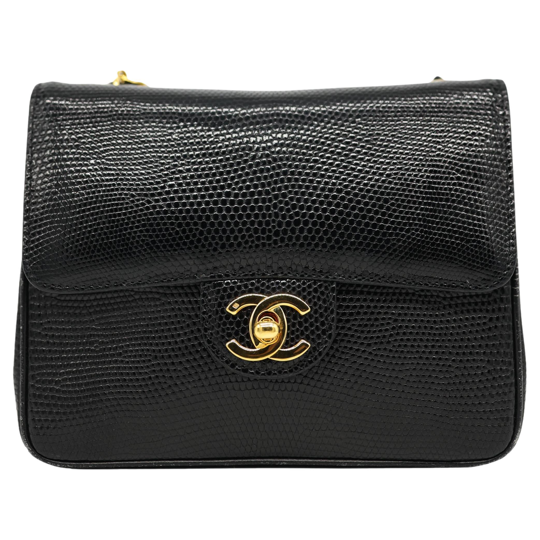 Chanel Vintage Mini Black Lizard Envelope Cross Body Flap Bag with Gold Hardware