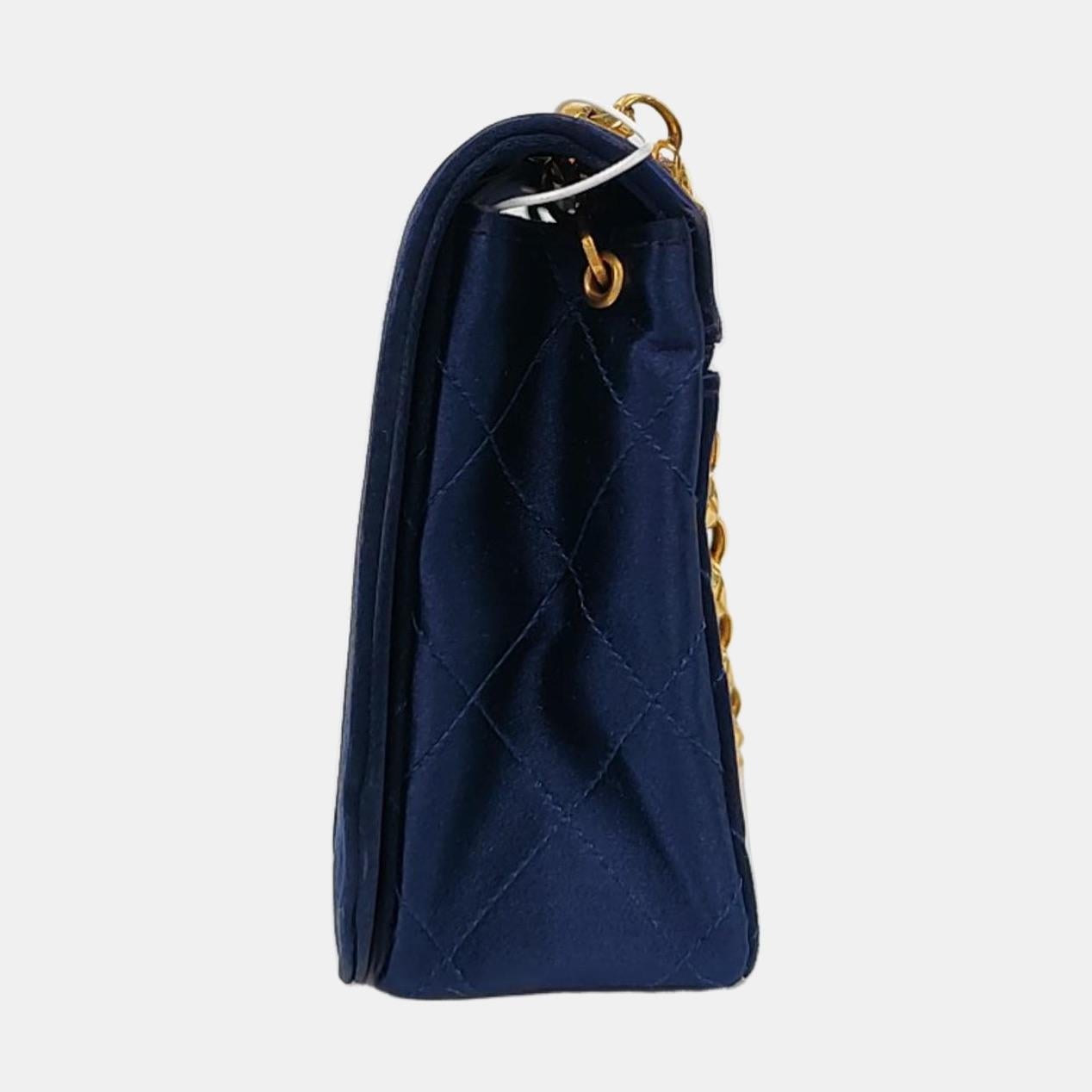 Chanel Vintage Mini Flap Tasche Marine Seide Satin Bijou Kette (Schwarz) im Angebot