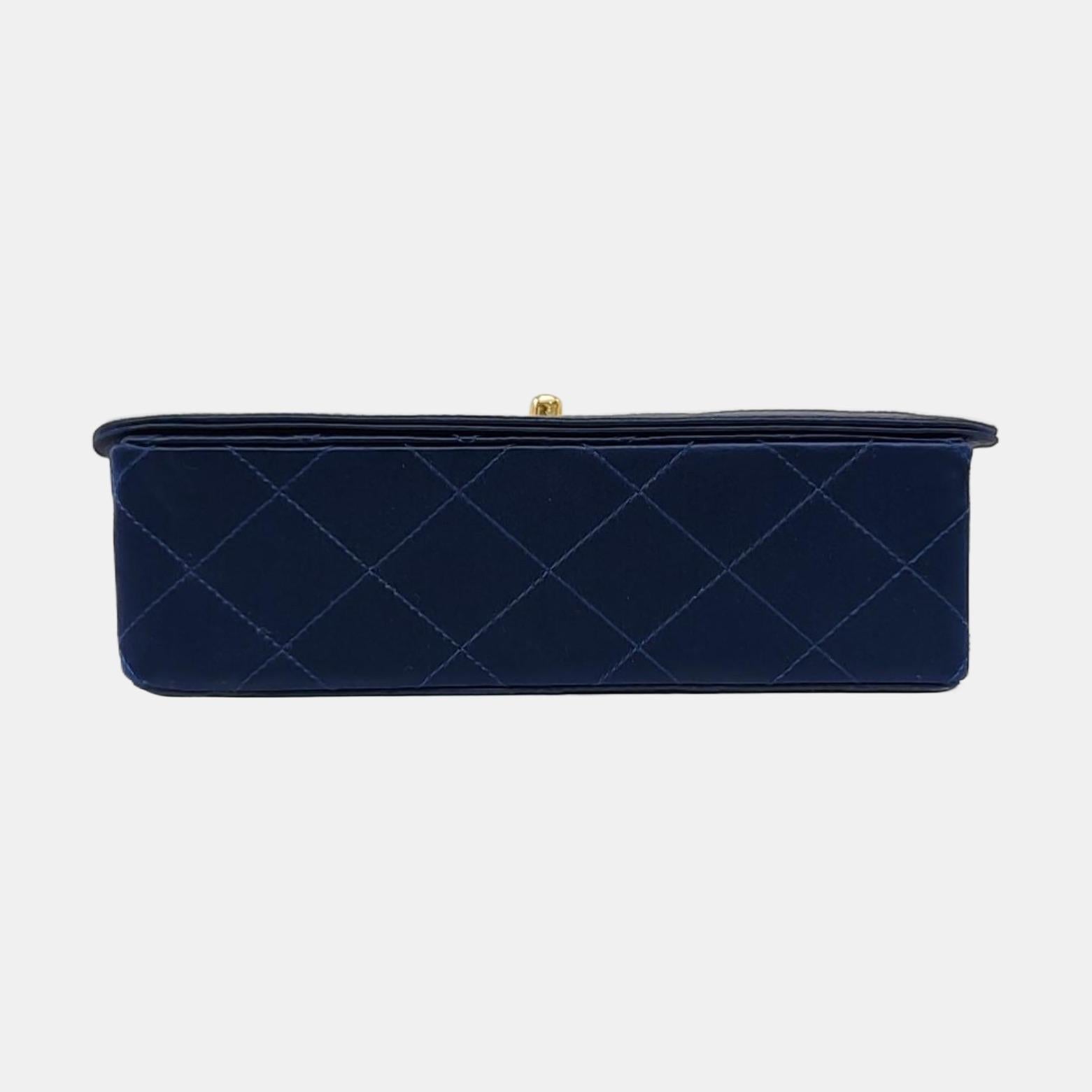 Chanel Vintage Mini Flap Tasche Marine Seide Satin Bijou Kette im Angebot 1