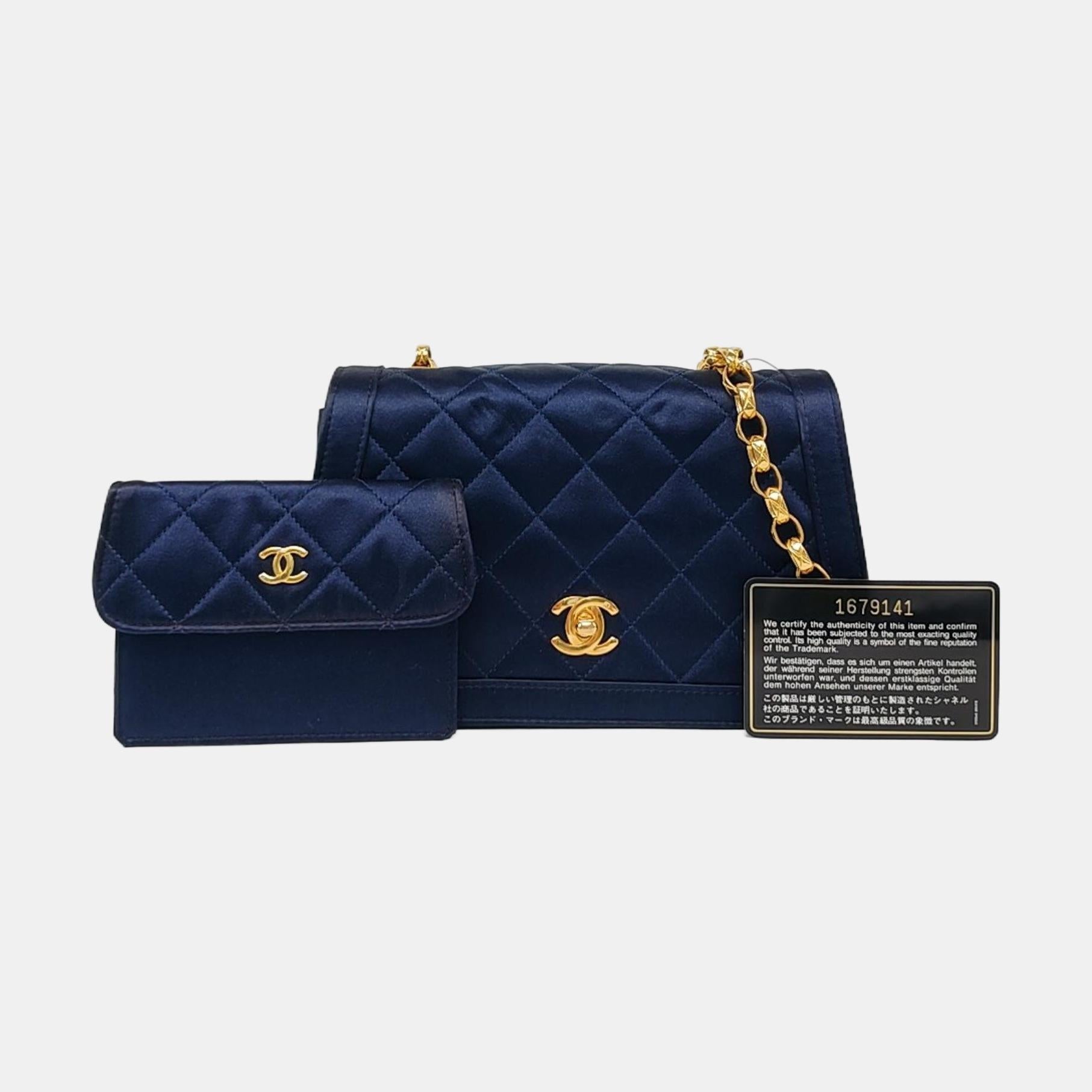 Chanel Vintage Mini Flap Tasche Marine Seide Satin Bijou Kette im Angebot 3