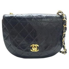 Chanel Vintage Mini Half Moon Flap Bag Black Lambskin Leather Gold Hardware 1986