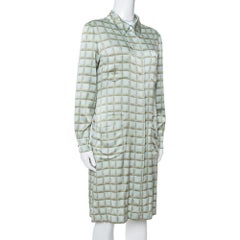 Chanel Vintage Mint Green Checked Silk Shirt Dress L