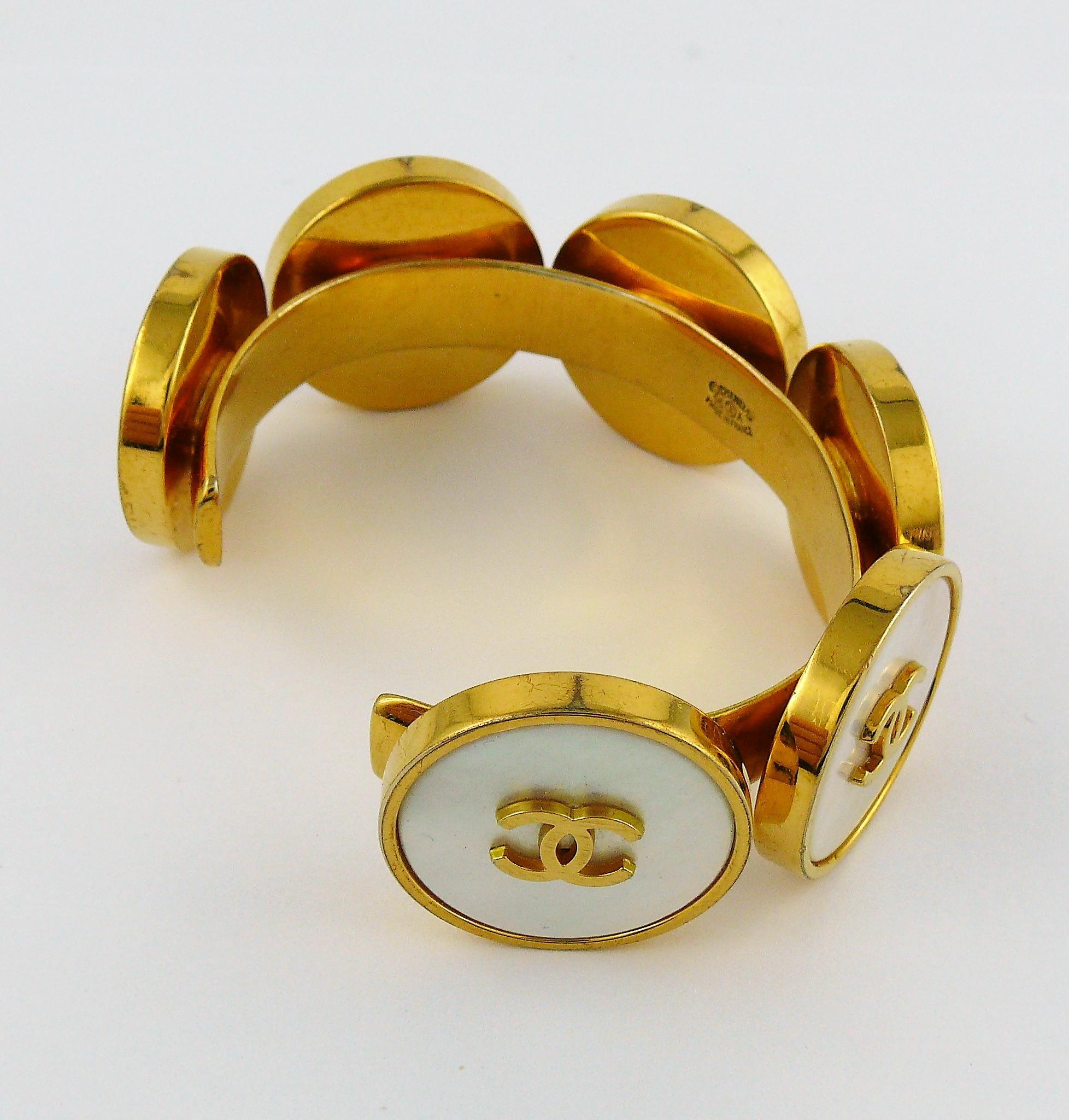 Chanel Vintage Cameo Coin Gold Toned Cuff Bracelet For Sale 3