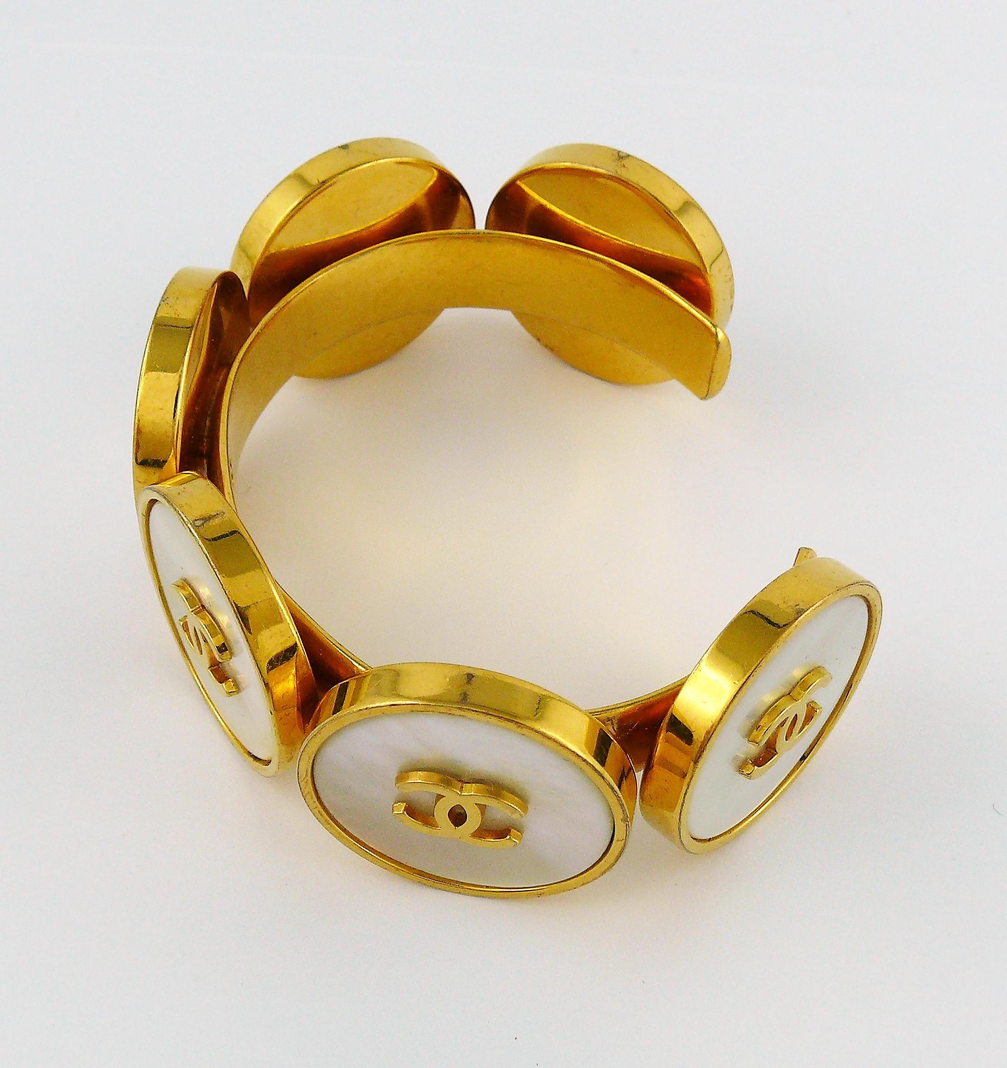 Chanel Vintage Cameo Coin Gold Toned Cuff Bracelet For Sale 4