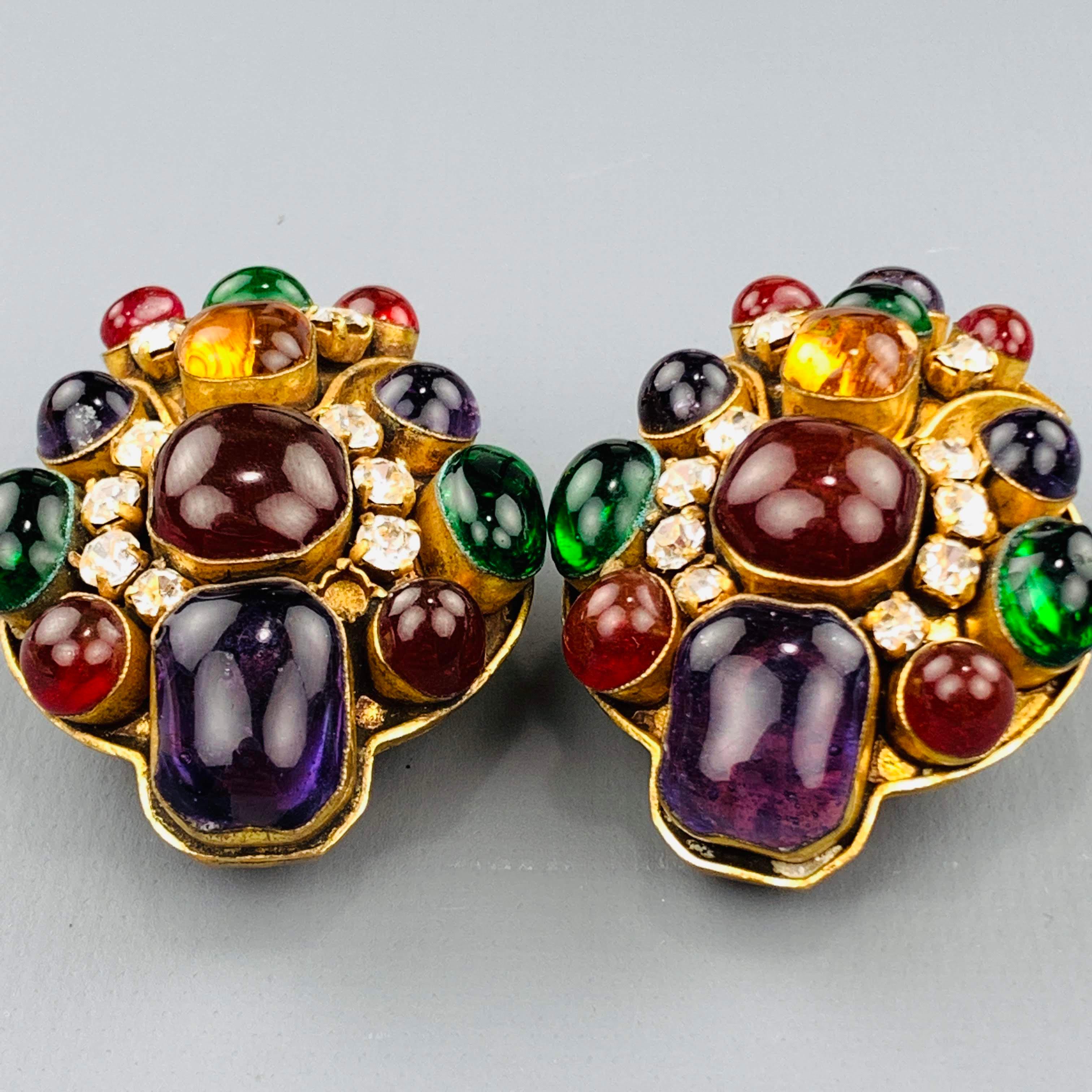 CHANEL Vintage Multi-Color Stone Byzantine Gripoix Clip On Earrings In Good Condition In San Francisco, CA