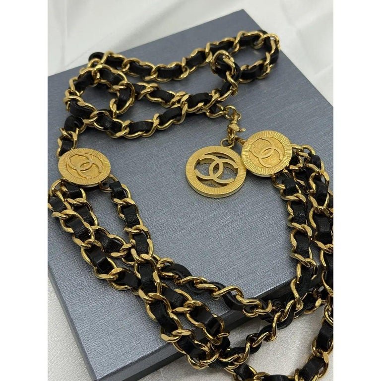 Chanel Vintage Multi Strand Black Lambskin Leather and Gold 