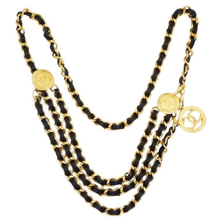 Chanel Vintage Multi Strand Black Lambskin Leather and Gold Chain Belt, 1984 For Sale