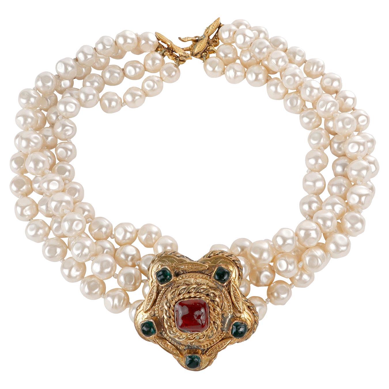 Chanel Vintage Multi Strand Pearl and Gripoix Choker For Sale