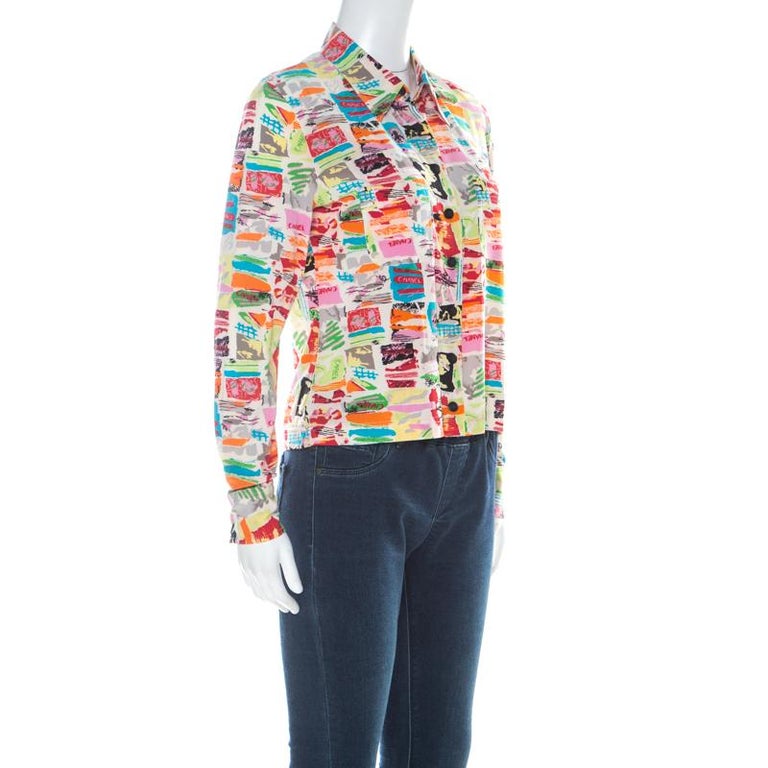 Chanel Vintage Multicolor Stretch Silk Crepe Abstract Print Cropped Shirt M  at 1stDibs