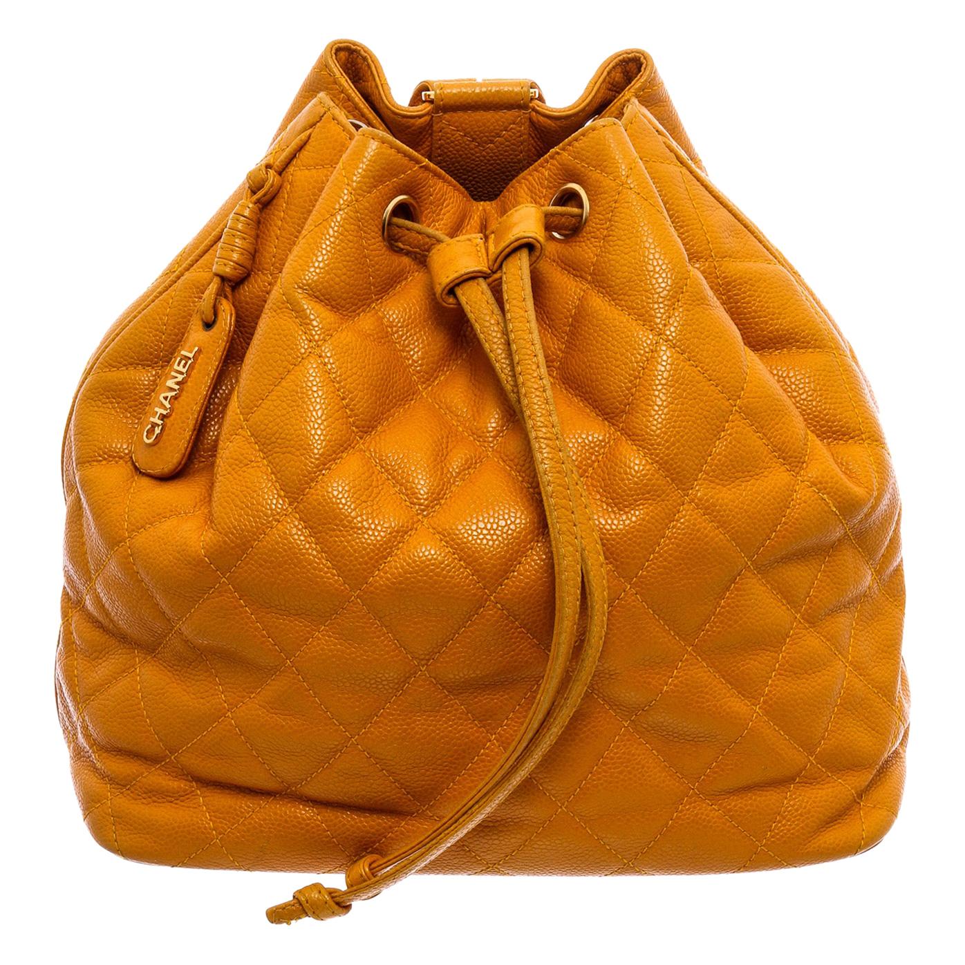 Chanel Vintage Mustard Yellow Caviar Leather Drawstring Backpack 