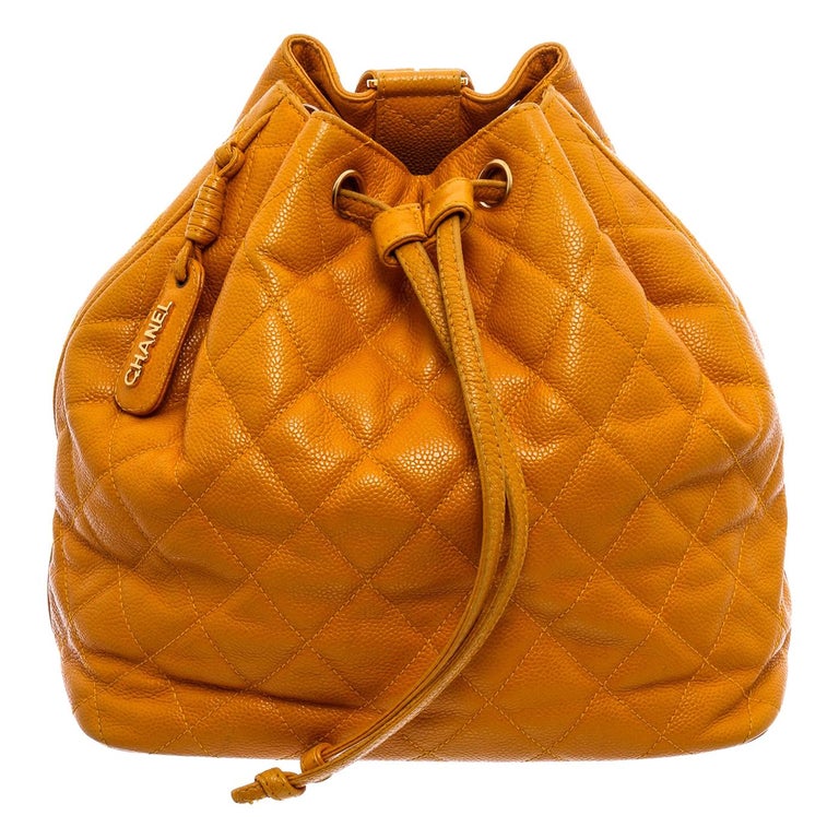 Chanel Vintage Mustard Yellow Caviar Leather Drawstring Backpack at