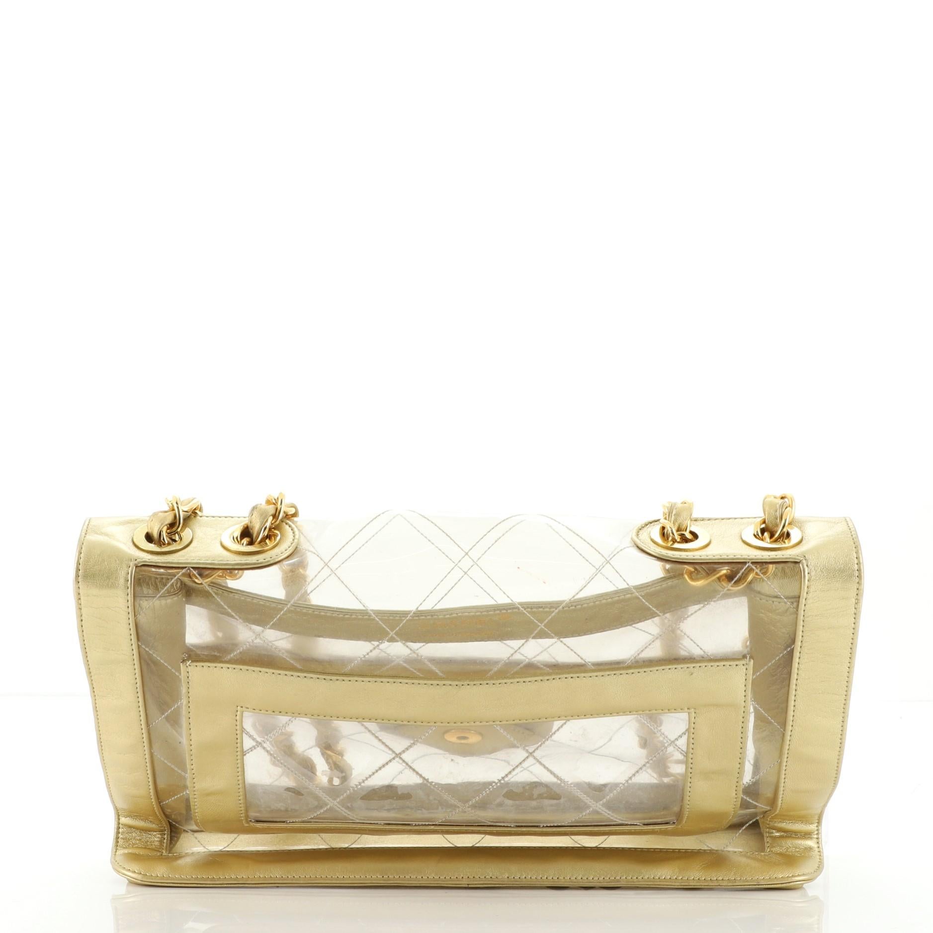 Chanel Vintage Naked Flap Bag Quilted PVC Maxi. Odor in interior. Loss of luster, heavy creasing and scuffs on exterior and in interior, wear on base corners and strap leather trim, indentations on base. Bubbling on leather trims, loose stitching on