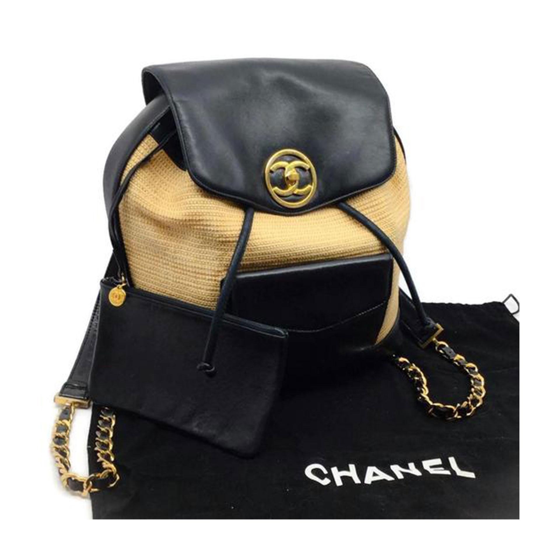 Chanel Rare 90s Vintage Natural Rattan Raffia Rare Black Leather Backpack For Sale 1