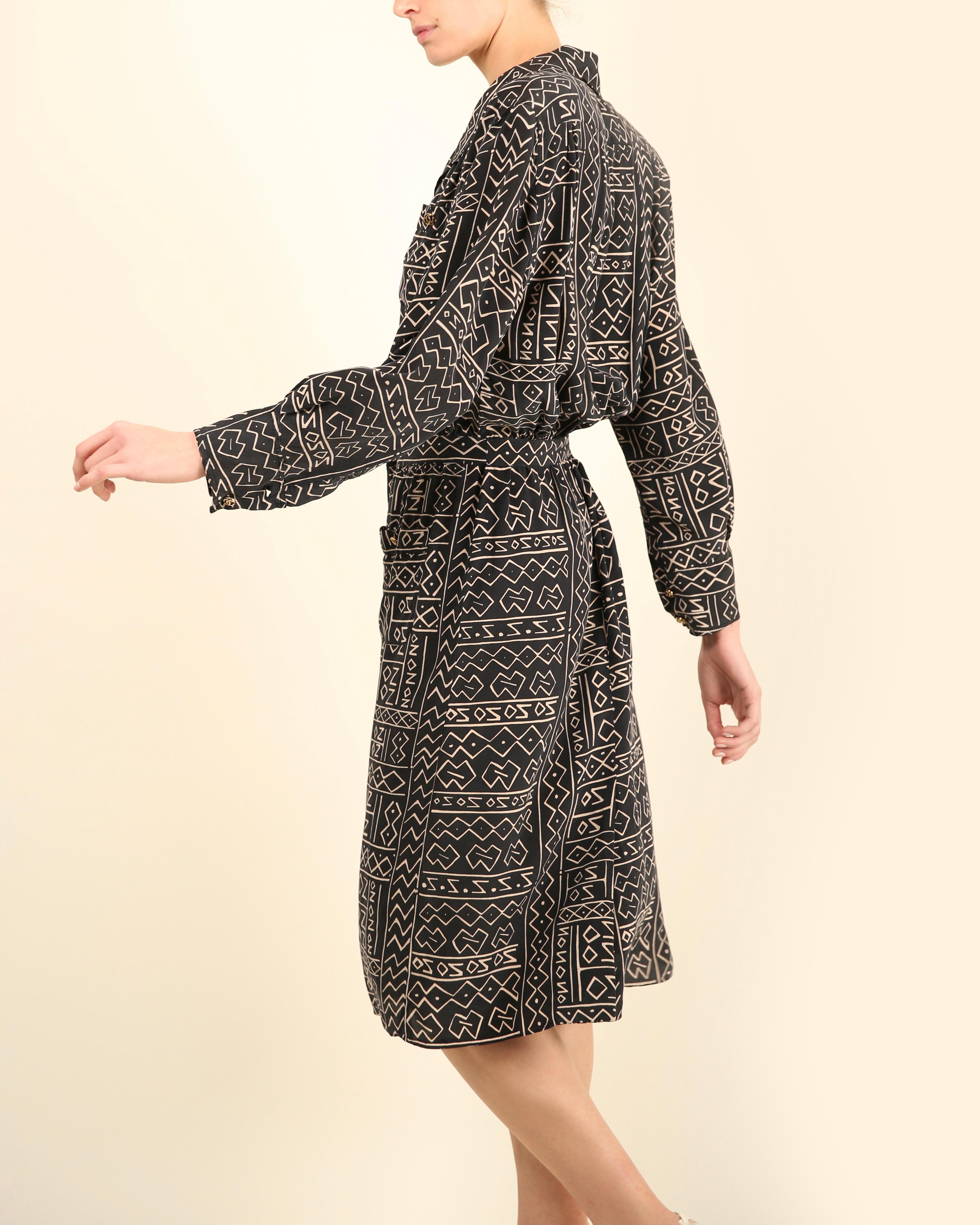 Chanel vintage navy blue grey abstract print silk gold button up logo midi dress For Sale 5