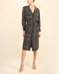 Chanel vintage navy blue grey abstract print silk gold button up logo midi dress