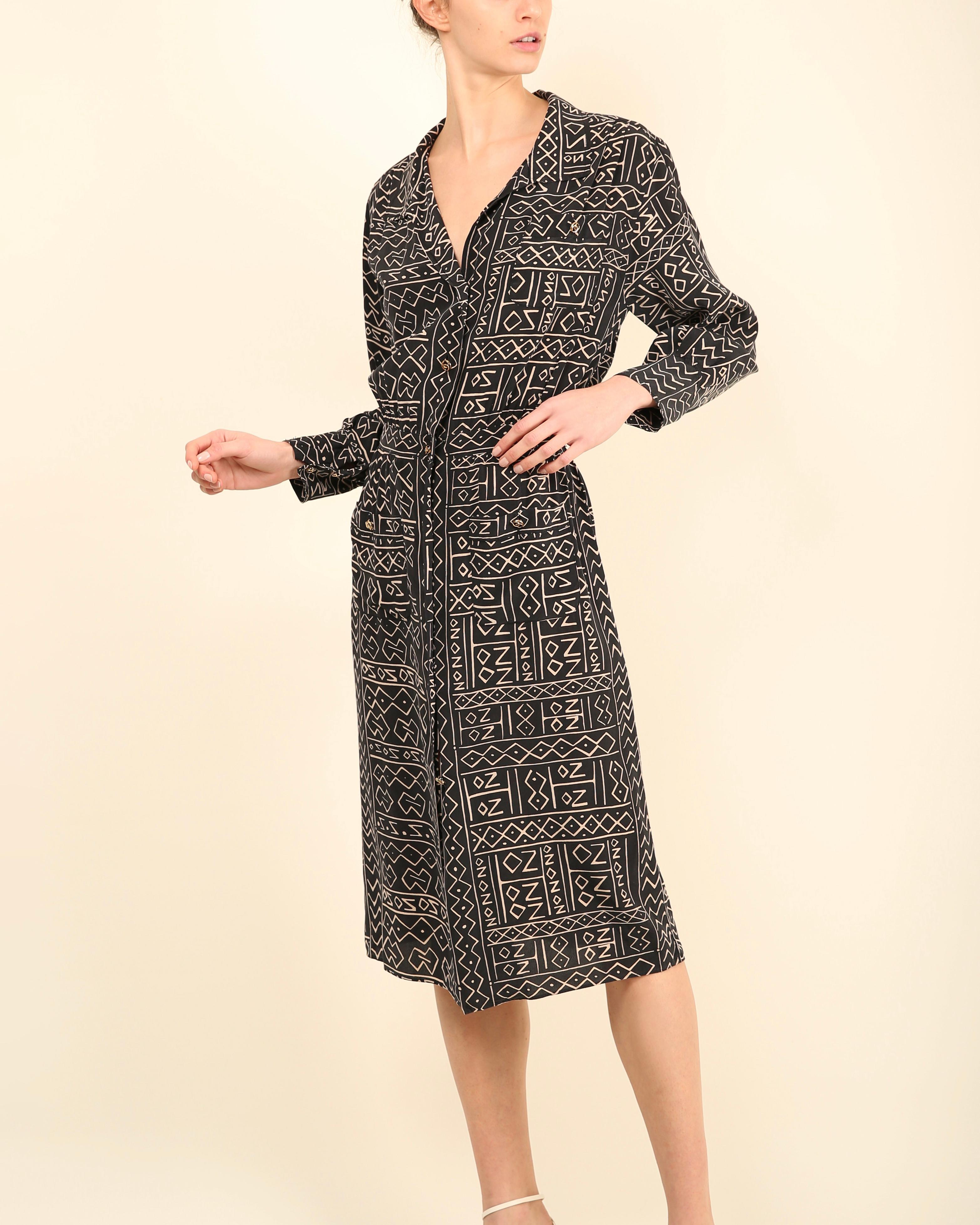 Women's Chanel vintage navy blue grey abstract print silk gold button up logo midi dress For Sale