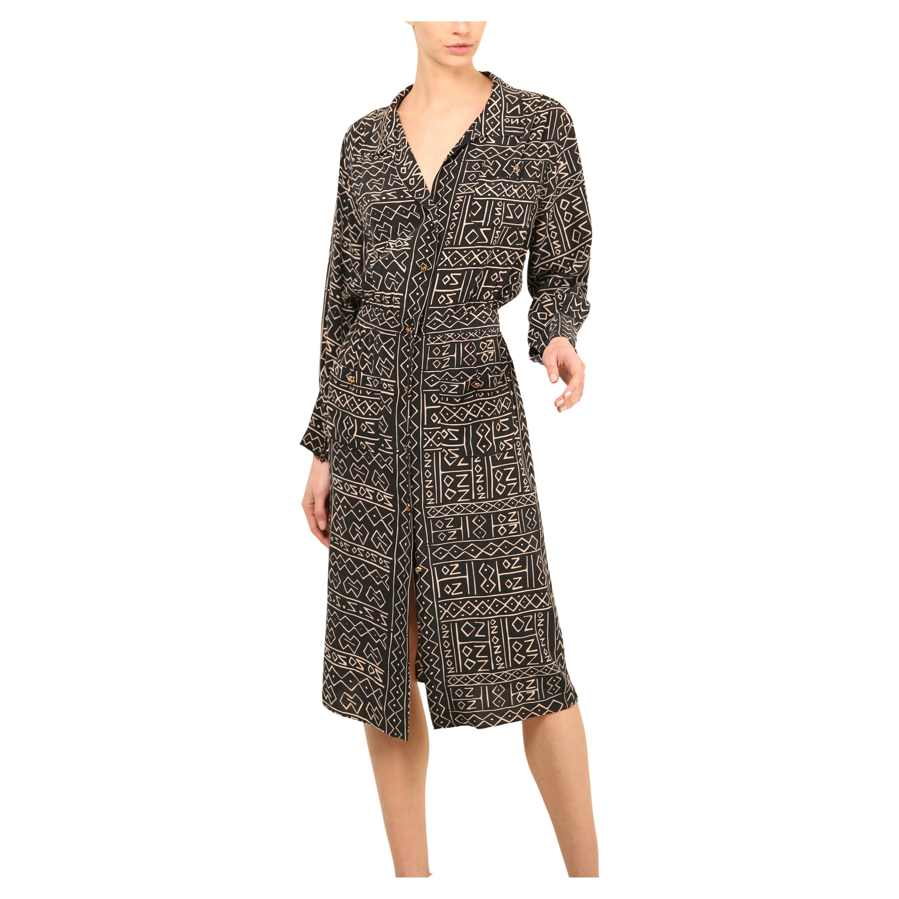 Chanel vintage navy blue grey abstract print silk gold button up logo midi dress For Sale