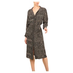 Chanel vintage navy blue grey abstract print silk gold button up logo midi dress