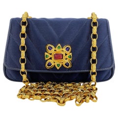 Chanel Vintage Navy Blue Jeweled Chevron Gripoix Jeweled Flap Bag 24k GHW 68203