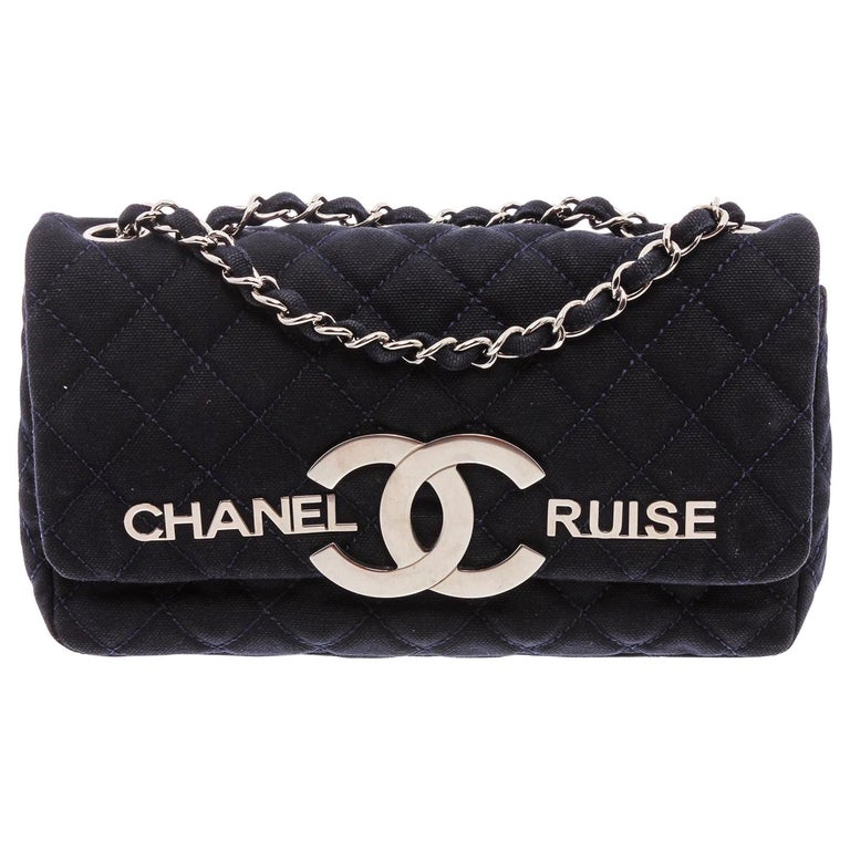 Chanel Vintage Navy Blue Quilted Fabric CC Cruise Flap Bag