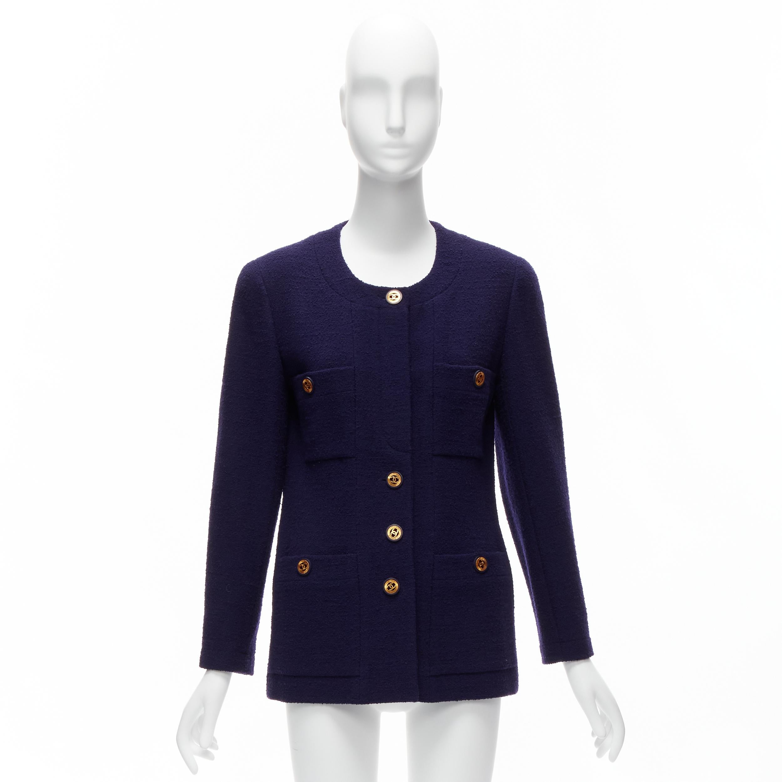 CHANEL Vintage navy blue tweed gold CC buttons 4 pocket jacket For Sale 7