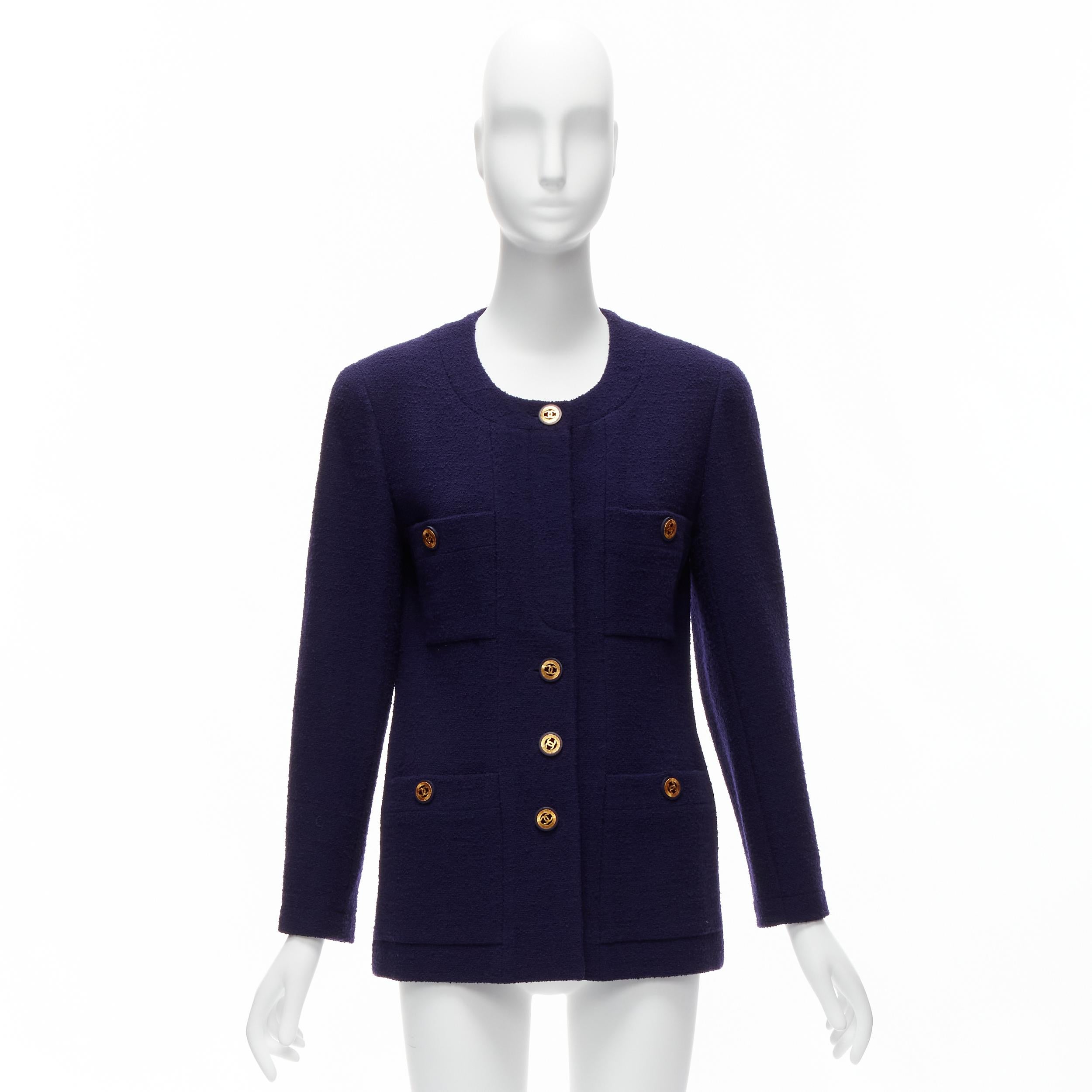 CHANEL Vintage navy blue tweed gold CC buttons 4 pocket jacket For Sale 6