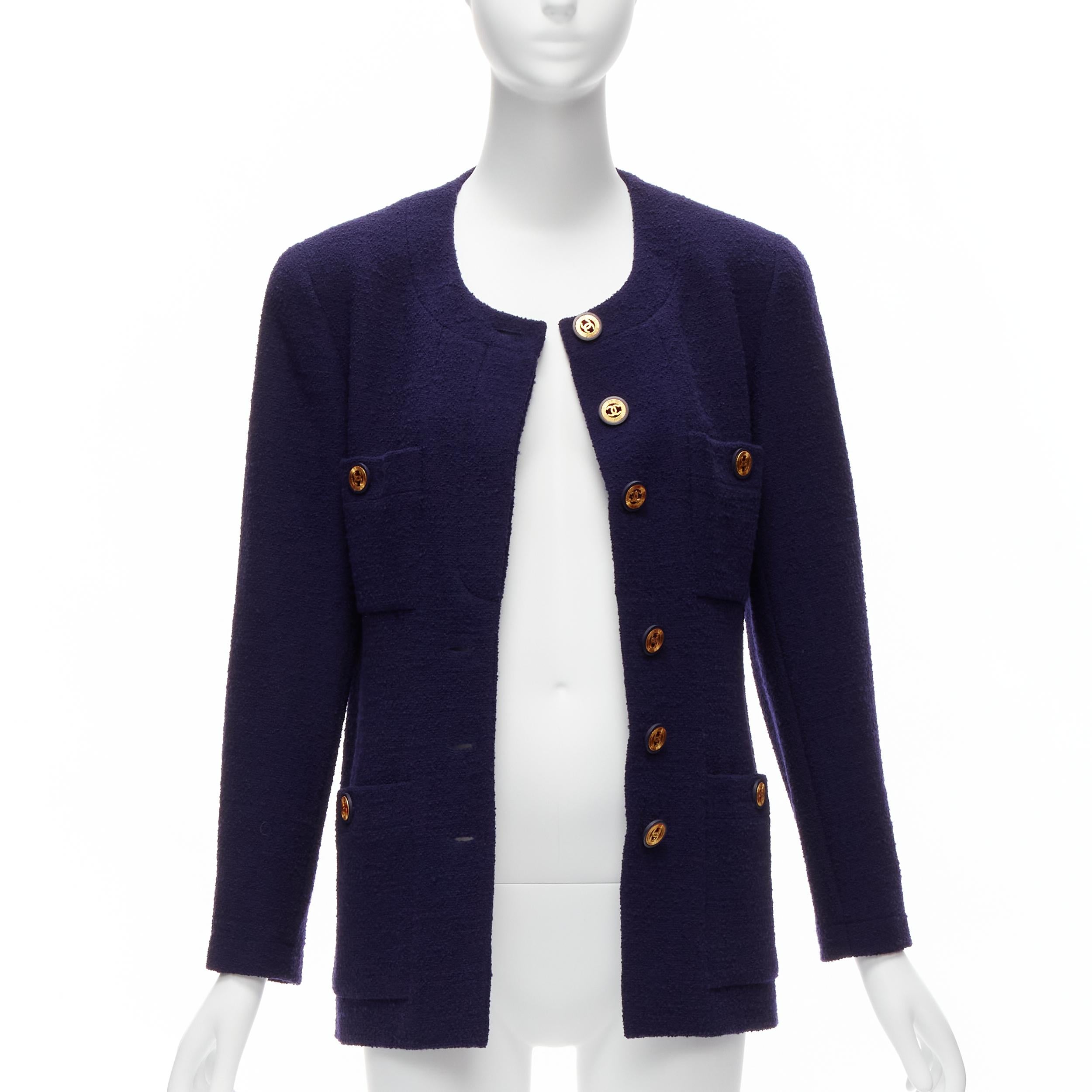 Black CHANEL Vintage navy blue tweed gold CC buttons 4 pocket jacket For Sale