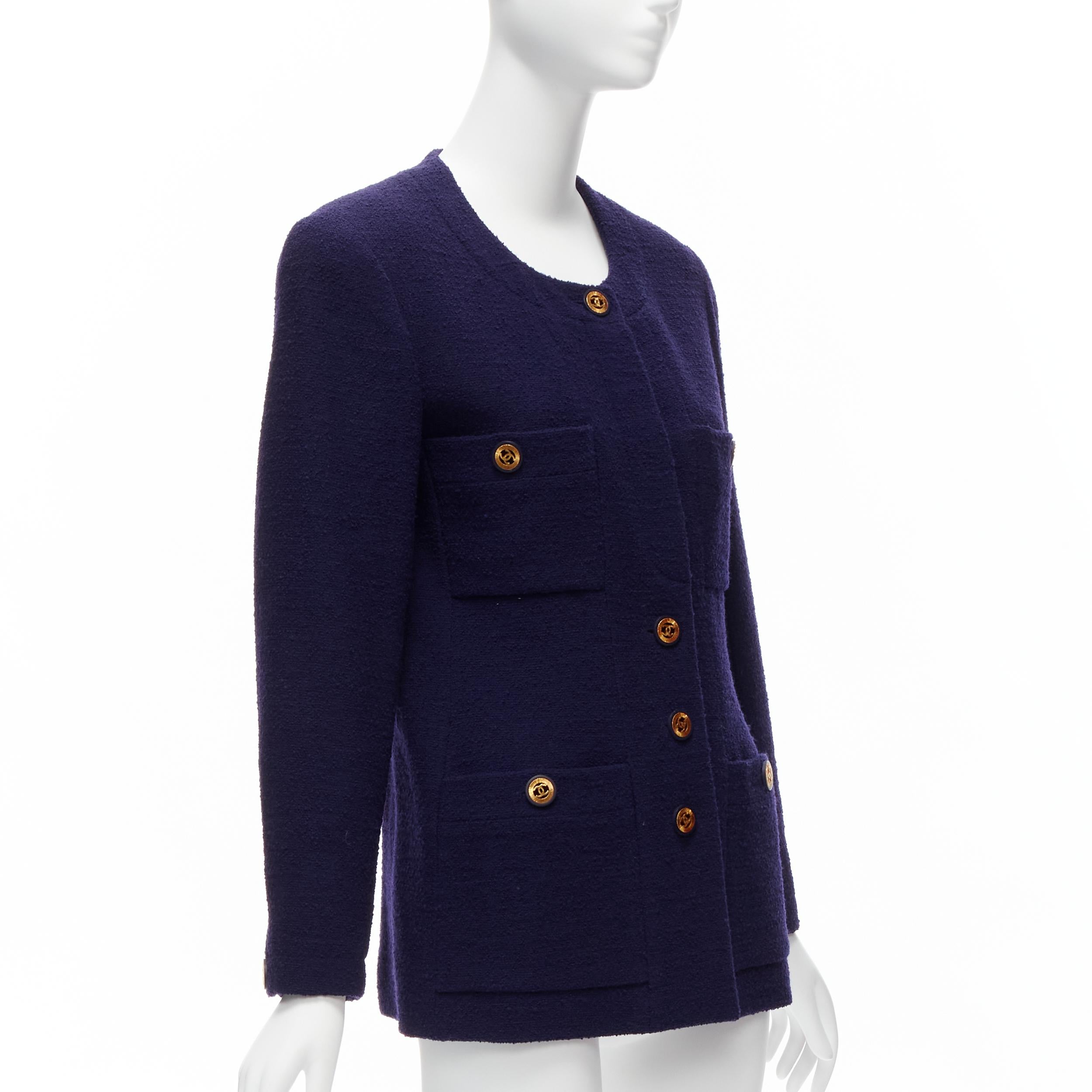 Women's CHANEL Vintage navy blue tweed gold CC buttons 4 pocket jacket For Sale