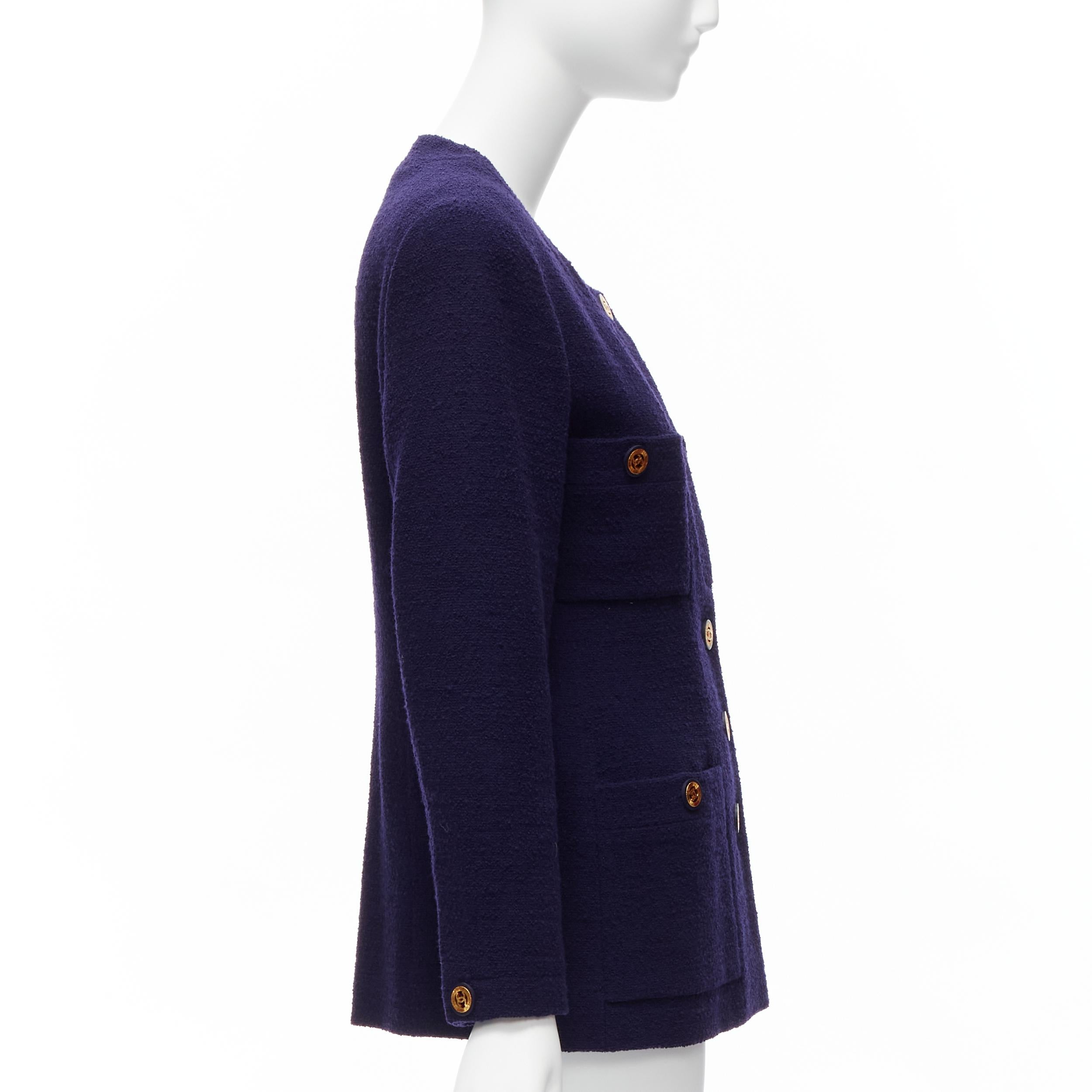 Women's CHANEL Vintage navy blue tweed gold CC buttons 4 pocket jacket For Sale