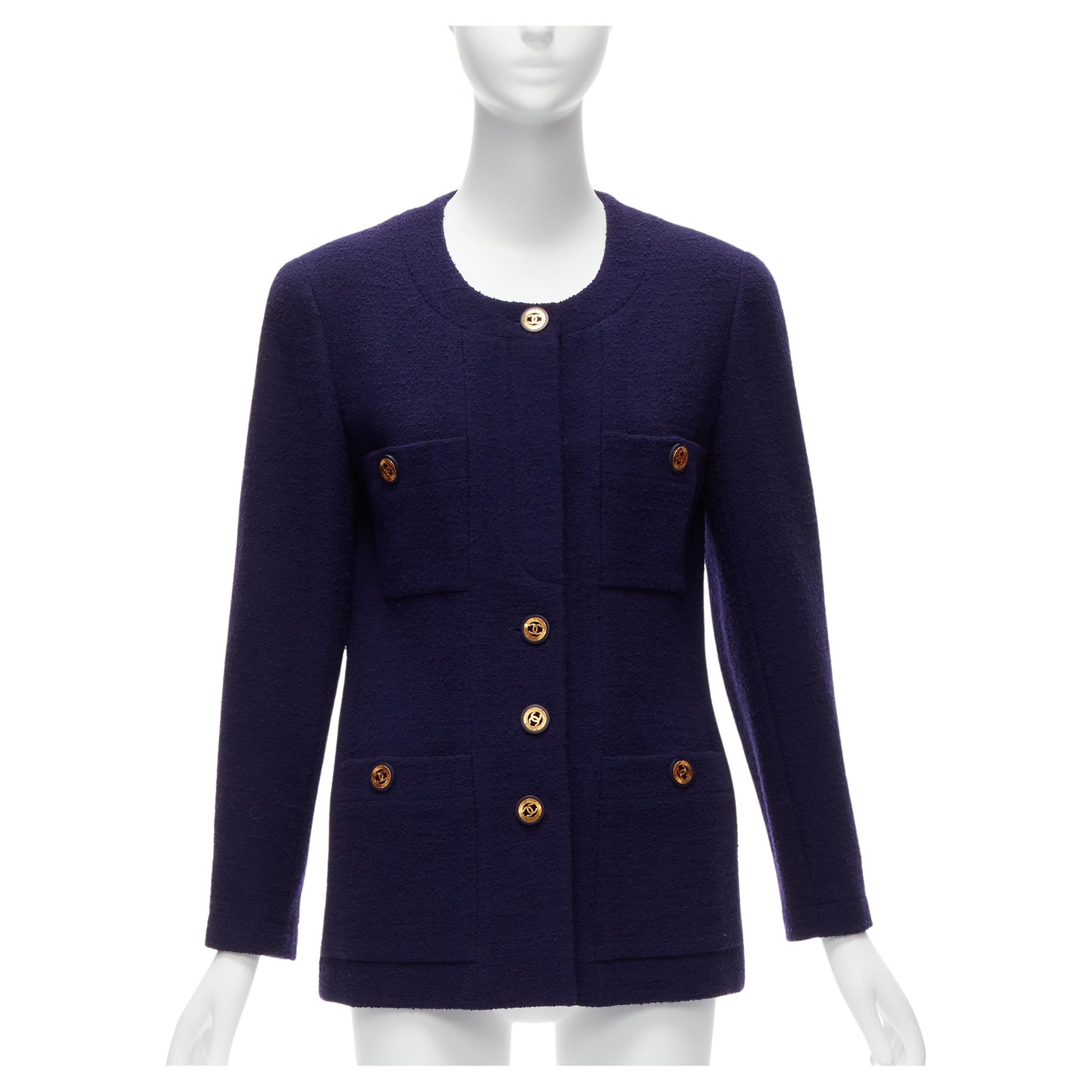 CHANEL Vintage navy blue tweed gold CC buttons 4 pocket jacket For Sale