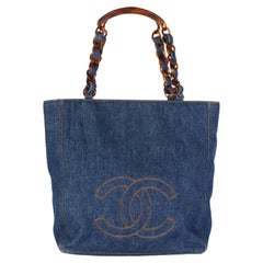 Chanel Vintage Navy Denim Tortoiseshell CC Shopper Tote