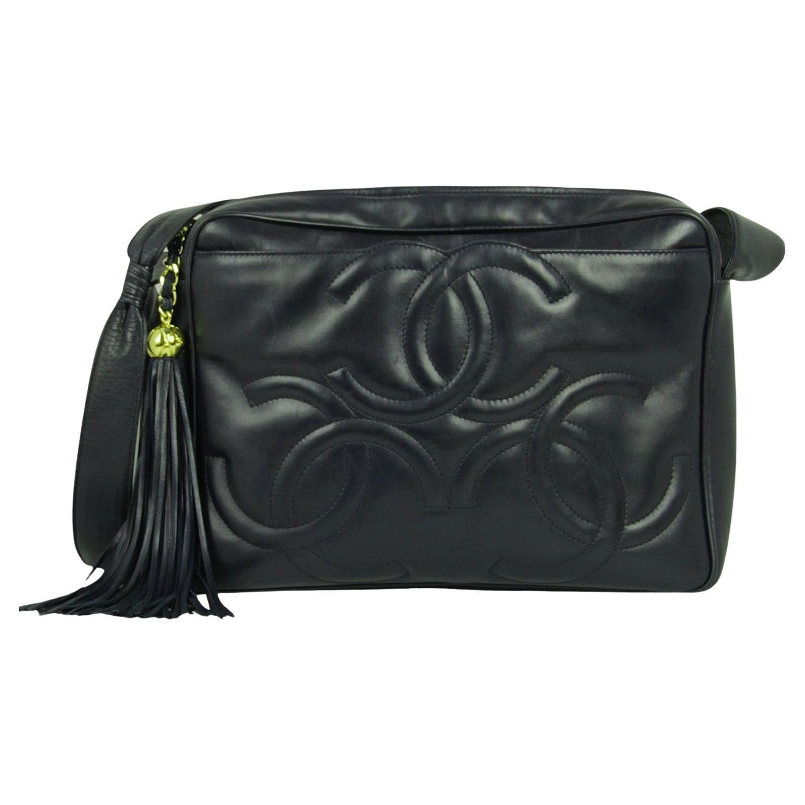 Chanel Vintage Navy Leather CC Embossed Large Camera Bag For Sale