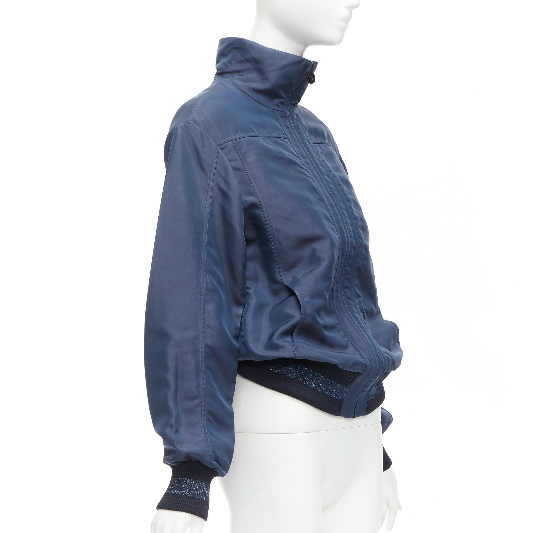 Women's CHANEL Vintage navy viscose silk CC logo zip bomber jacket FR34 XS For Sale