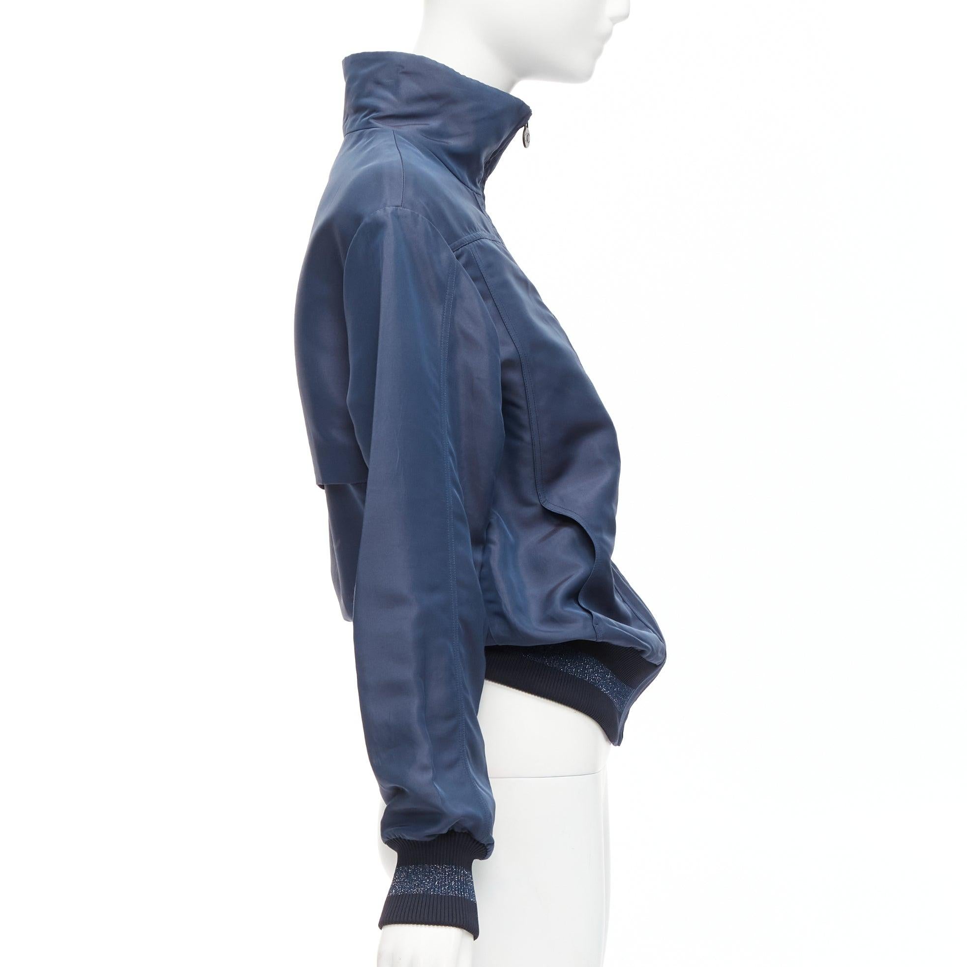 CHANEL Vintage navy viscose silk CC logo zip bomber jacket FR34 XS For Sale 1