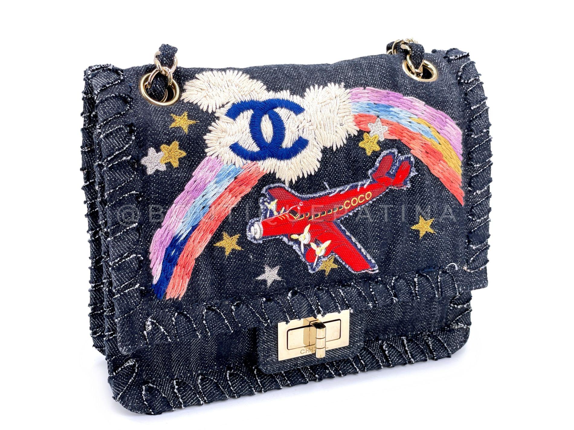 Chanel Vintage Vuelo Nocturno Denim Reedición Avión Arco Iris Bolso Solapa 24k 68379 Negro