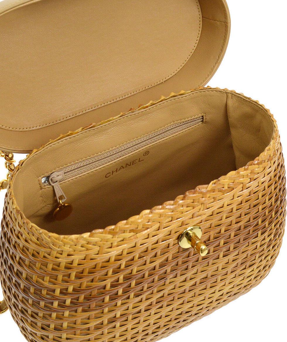 Brown Chanel Vintage Nude Wicker Gold Picnic Bucket Shoulder Flap Small Bag