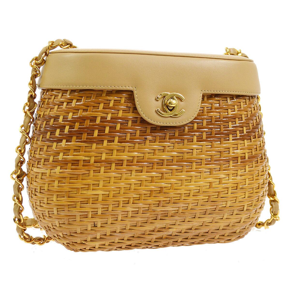 Chanel Vintage Nude Wicker Gold Picnic Bucket Shoulder Flap Small Bag
