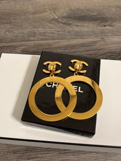CHANEL Vintage Oversized XL Gold CC Logo Hoop Drop Clip On Earrings