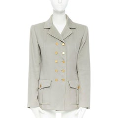 CHANEL Vintage pale grey twill logo button double breast military blazer jacket