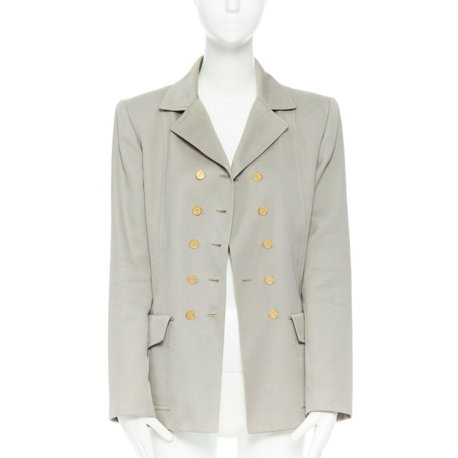 Gray CHANEL Vintage pale grey twill logo button double breast military blazer jacket