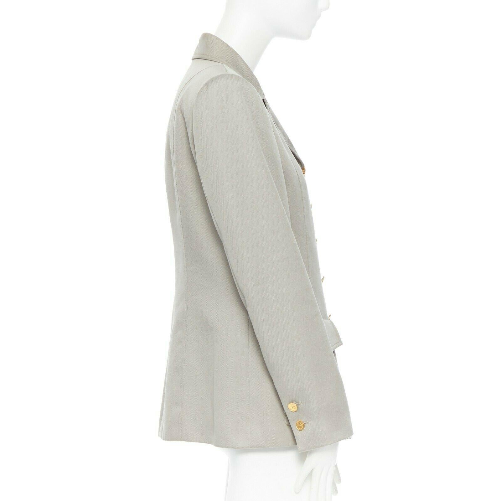 CHANEL Vintage pale grey twill logo button double breast military blazer jacket In Fair Condition In Hong Kong, NT