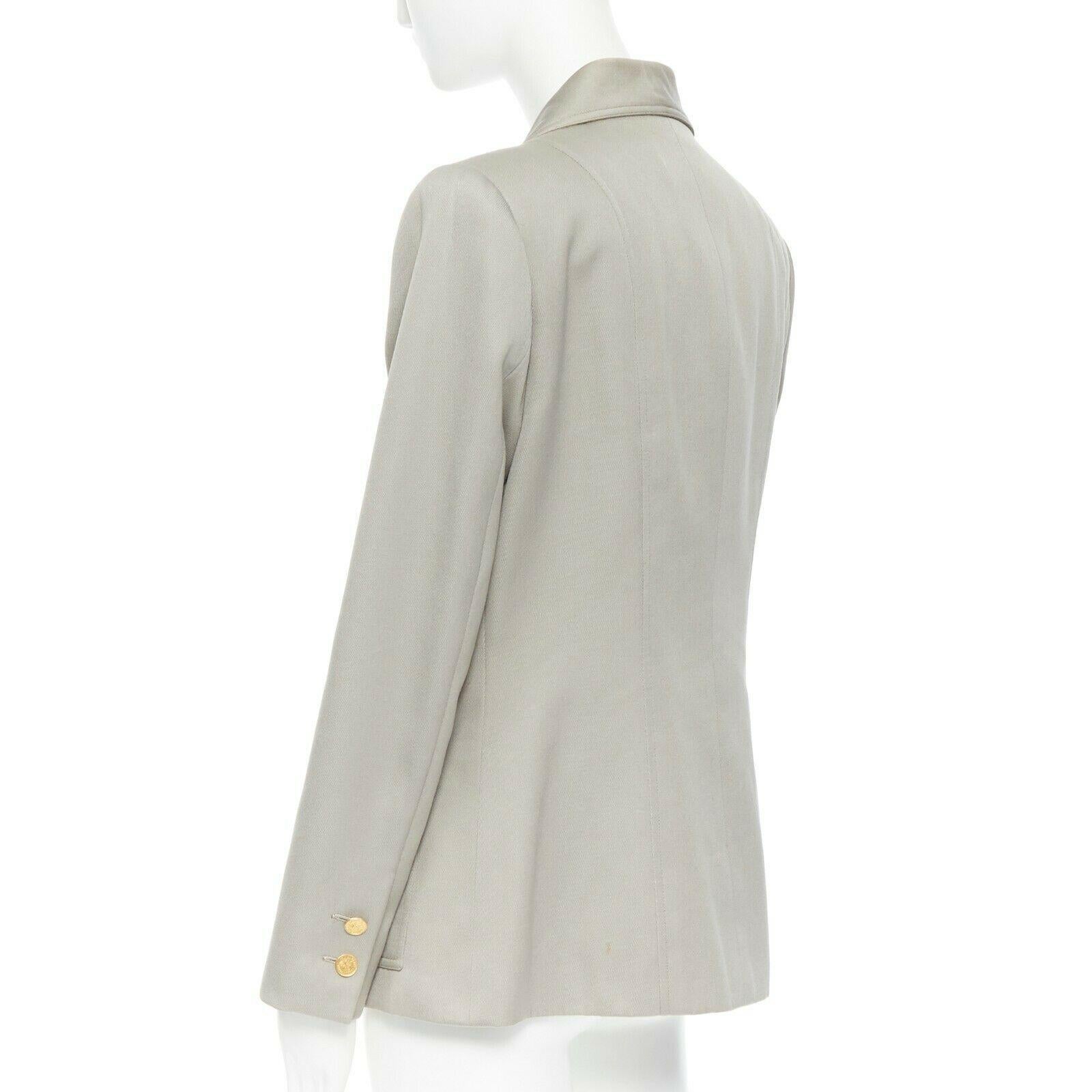 CHANEL Vintage pale grey twill logo button double breast military blazer jacket 1