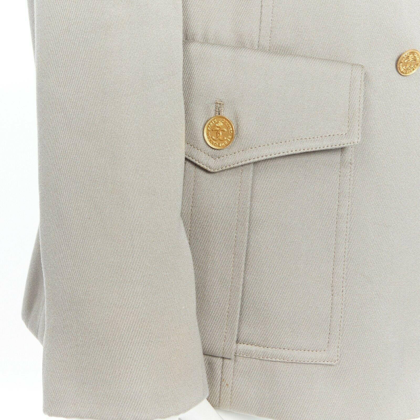 CHANEL Vintage pale grey twill logo button double breast military blazer jacket 2
