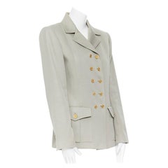 CHANEL Vintage pale grey twill logo button double breast military blazer jacket