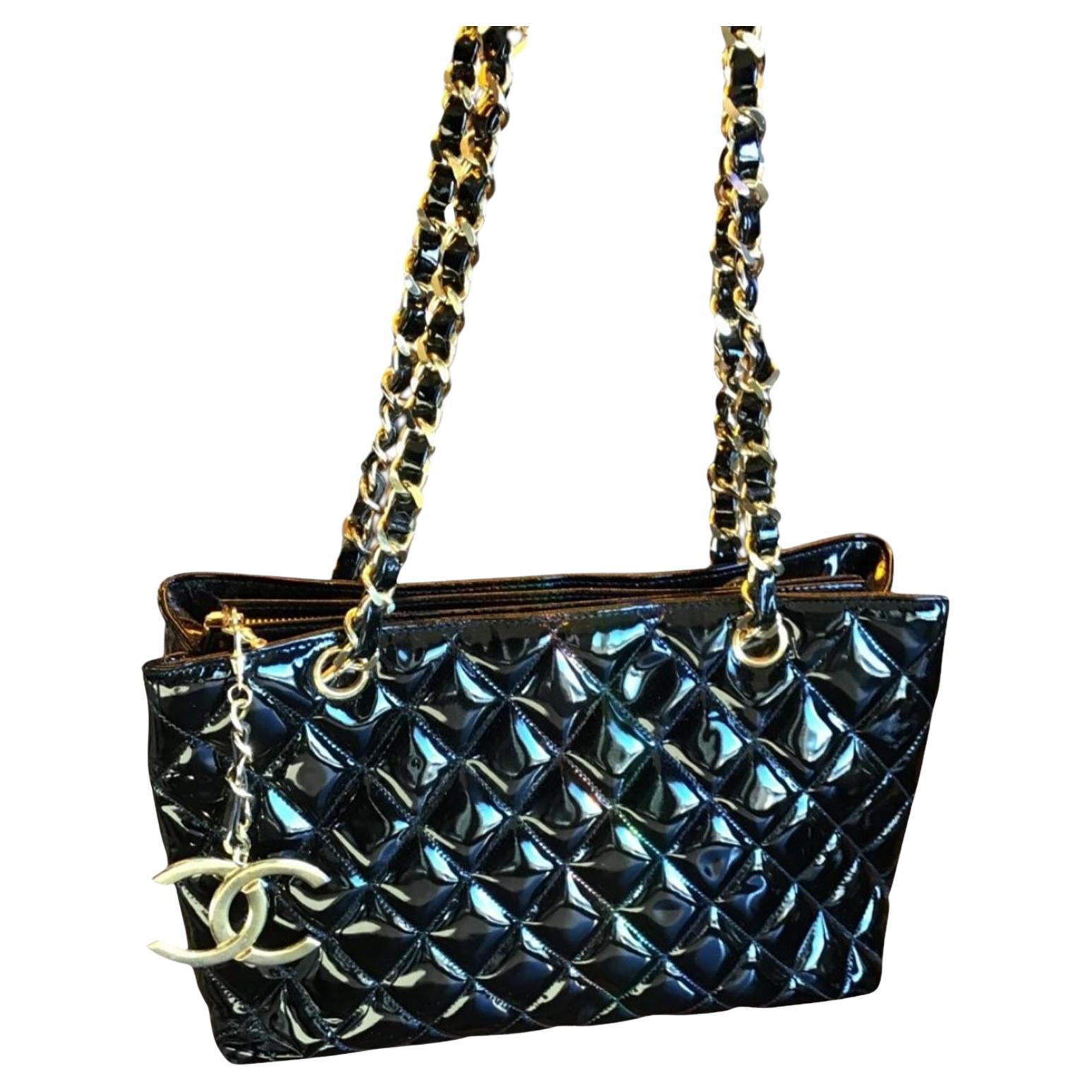 Chanel Vintage Patent Quilted CC Chain Tote