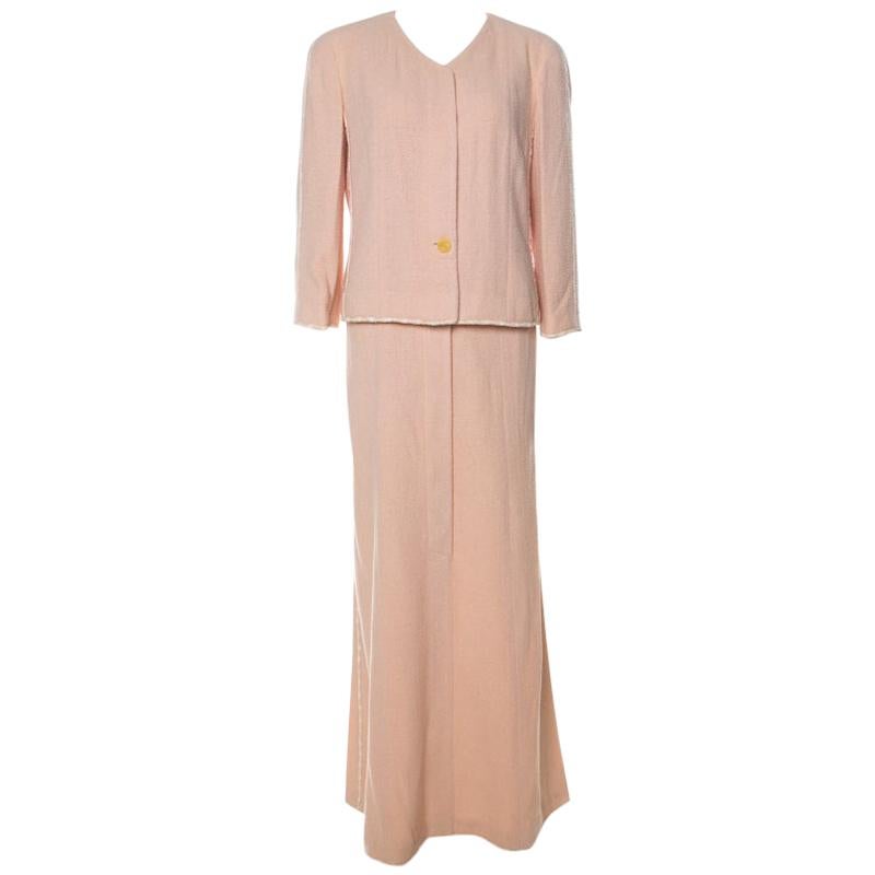 Chanel Vintage Peach Tweed Textured Trim Detail Skirt Suit L