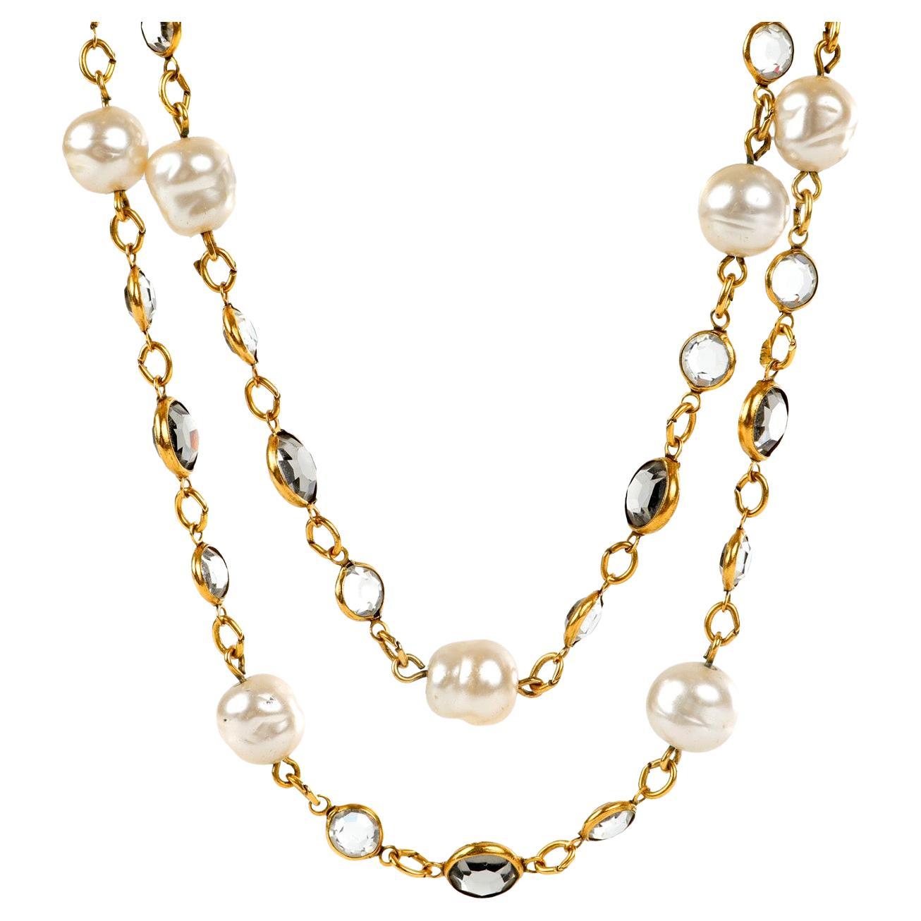Chanel Vintage Pearl and Crystal Opera Length Necklace
