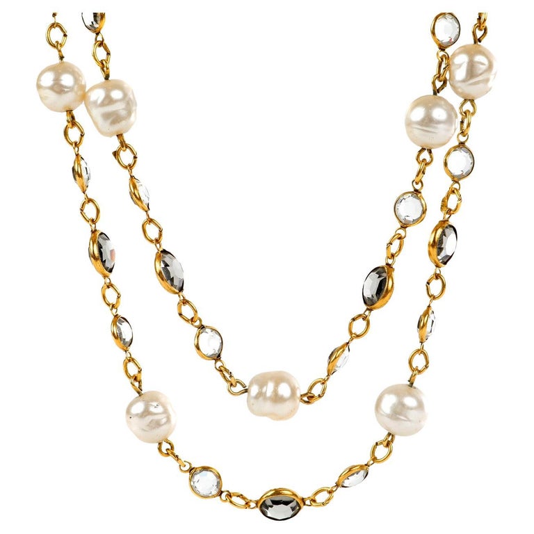 Chanel Vintage Pearl and Crystal Opera Length Necklace For Sale at